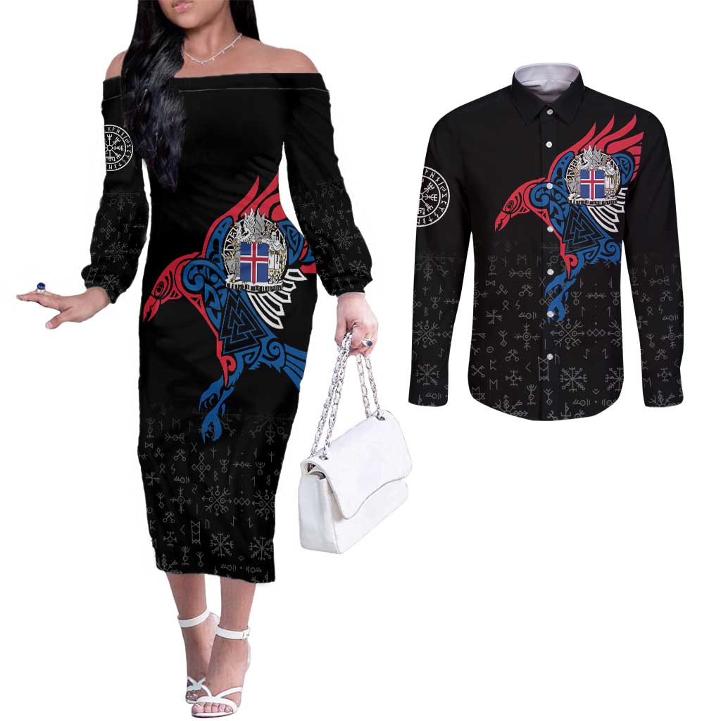 Iceland Viking Culture Couples Matching Off The Shoulder Long Sleeve Dress and Long Sleeve Button Shirt Norse Mythology Raven Tattoo