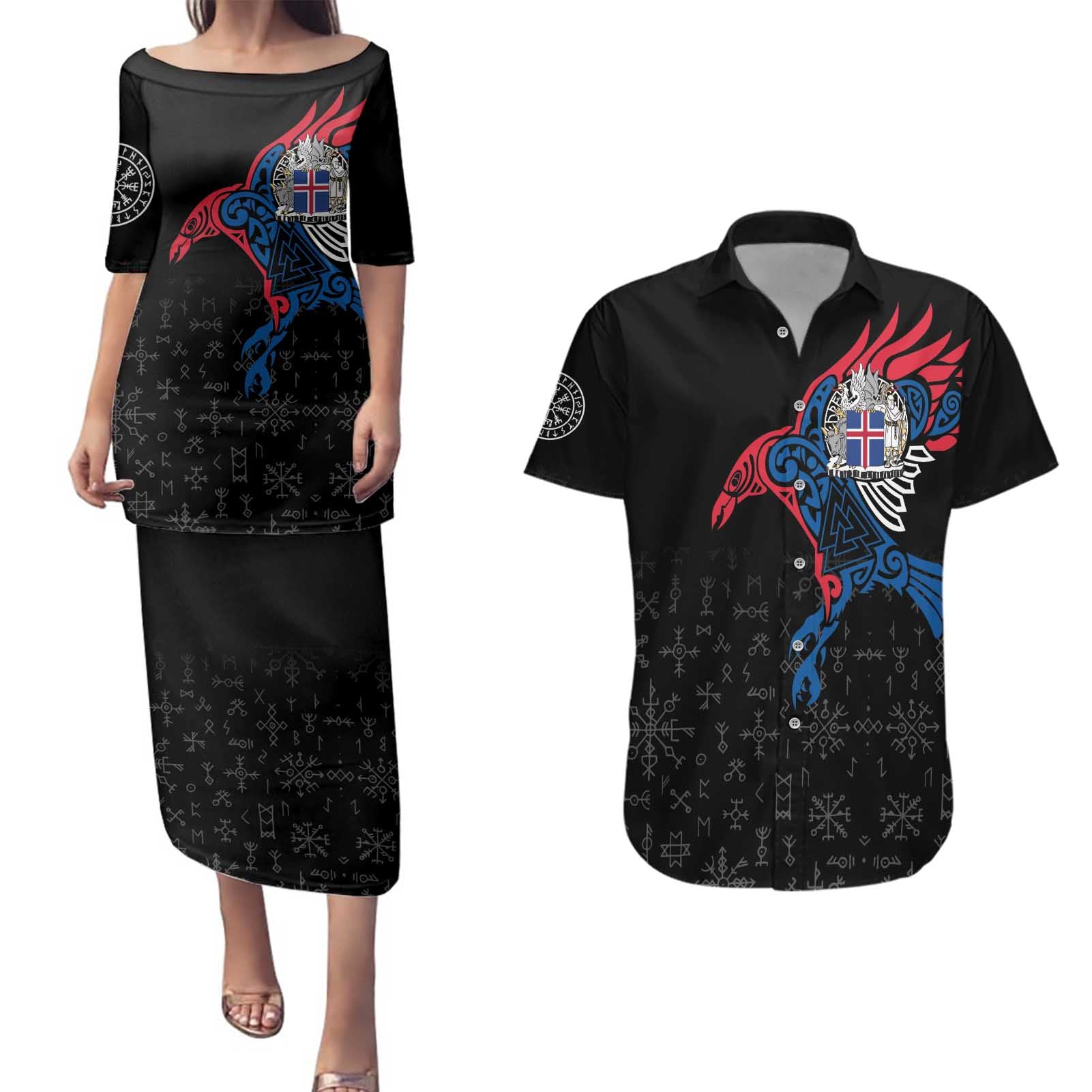 Iceland Viking Culture Couples Matching Puletasi and Hawaiian Shirt Norse Mythology Raven Tattoo