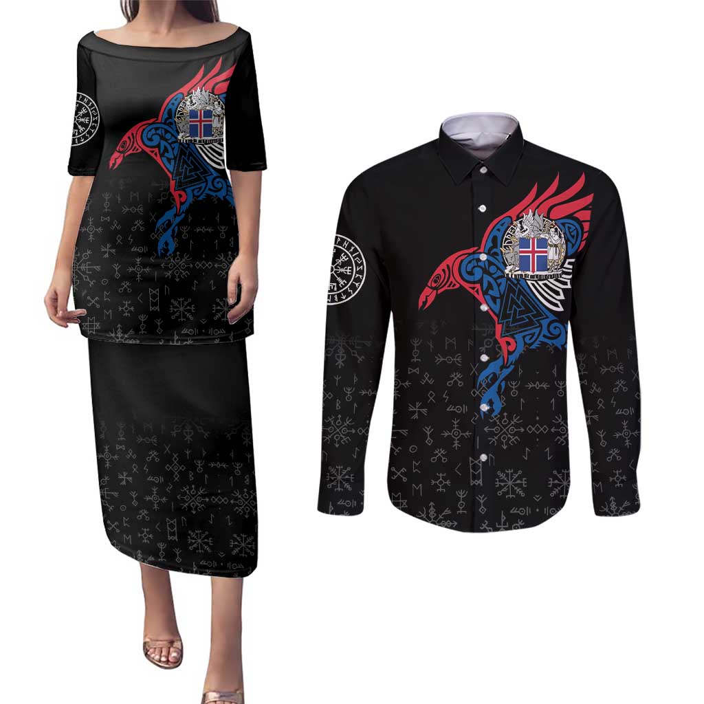 Iceland Viking Culture Couples Matching Puletasi and Long Sleeve Button Shirt Norse Mythology Raven Tattoo