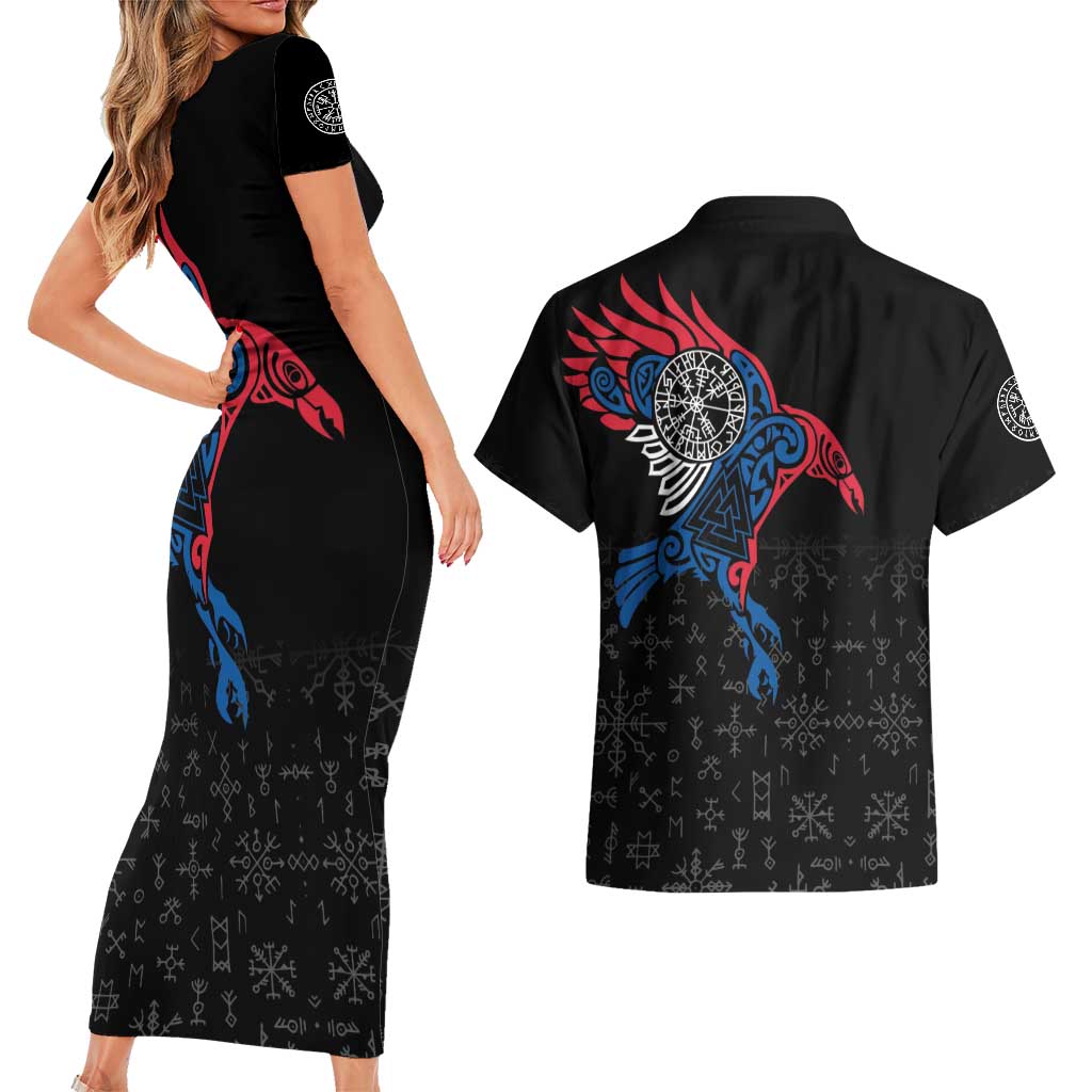 Iceland Viking Culture Couples Matching Short Sleeve Bodycon Dress and Hawaiian Shirt Norse Mythology Raven Tattoo