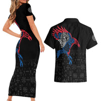 Iceland Viking Culture Couples Matching Short Sleeve Bodycon Dress and Hawaiian Shirt Norse Mythology Raven Tattoo