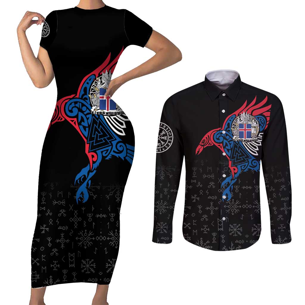 Iceland Viking Culture Couples Matching Short Sleeve Bodycon Dress and Long Sleeve Button Shirt Norse Mythology Raven Tattoo