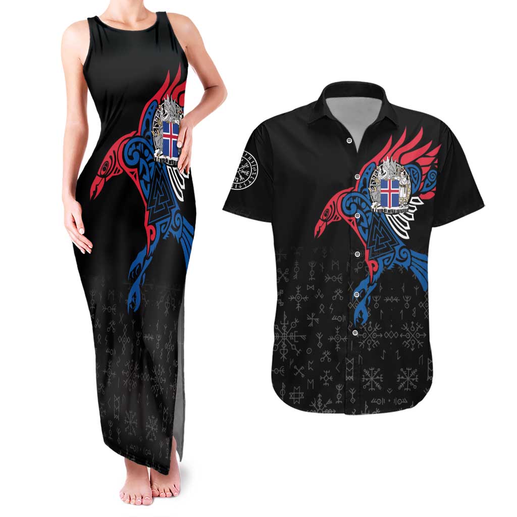 Iceland Viking Culture Couples Matching Tank Maxi Dress and Hawaiian Shirt Norse Mythology Raven Tattoo