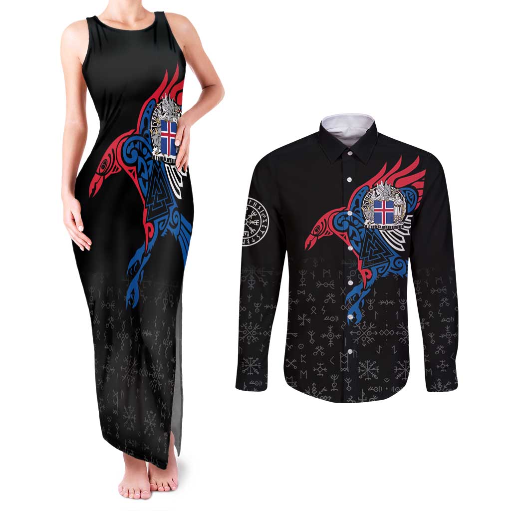 Iceland Viking Culture Couples Matching Tank Maxi Dress and Long Sleeve Button Shirt Norse Mythology Raven Tattoo