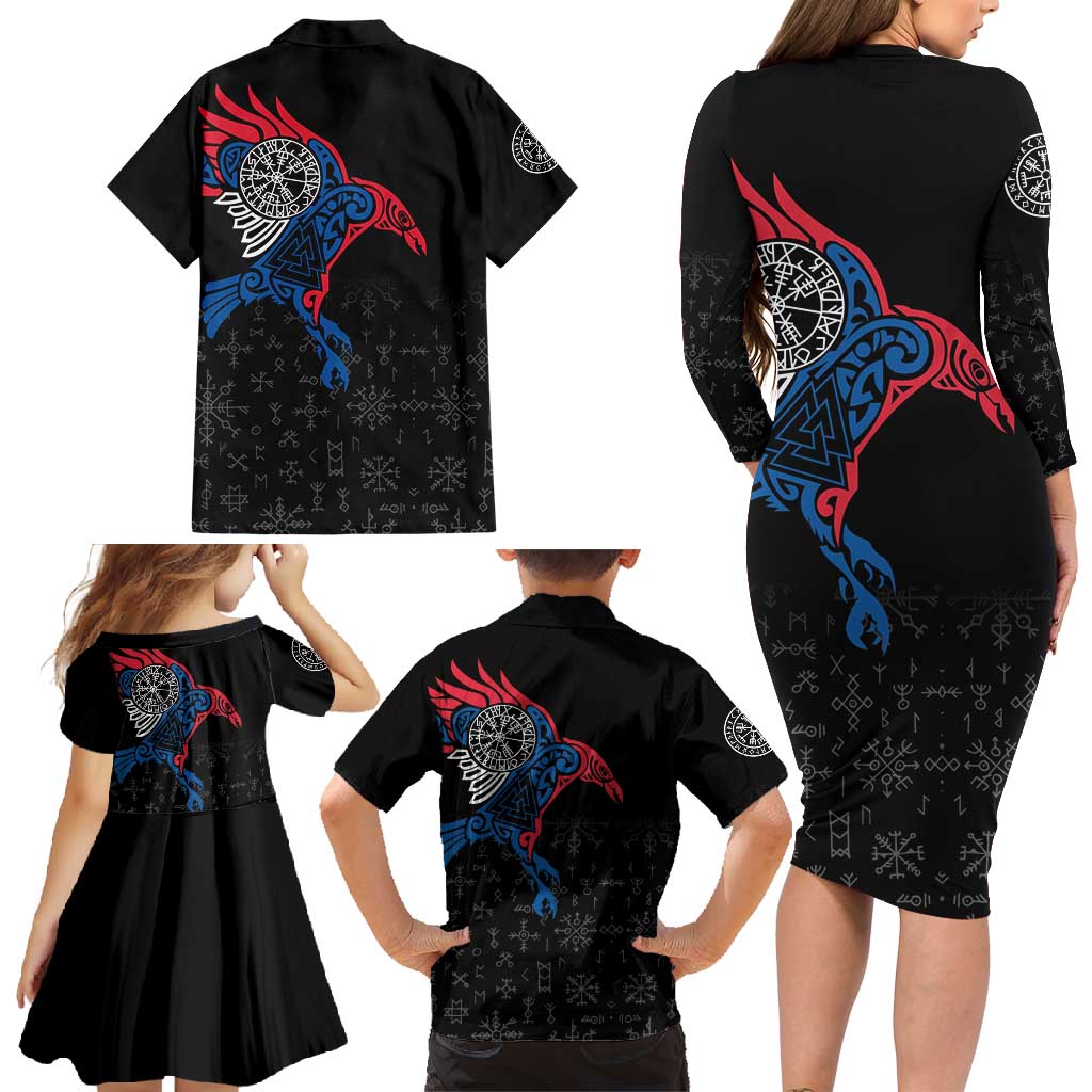 Iceland Viking Culture Family Matching Long Sleeve Bodycon Dress and Hawaiian Shirt Norse Mythology Raven Tattoo
