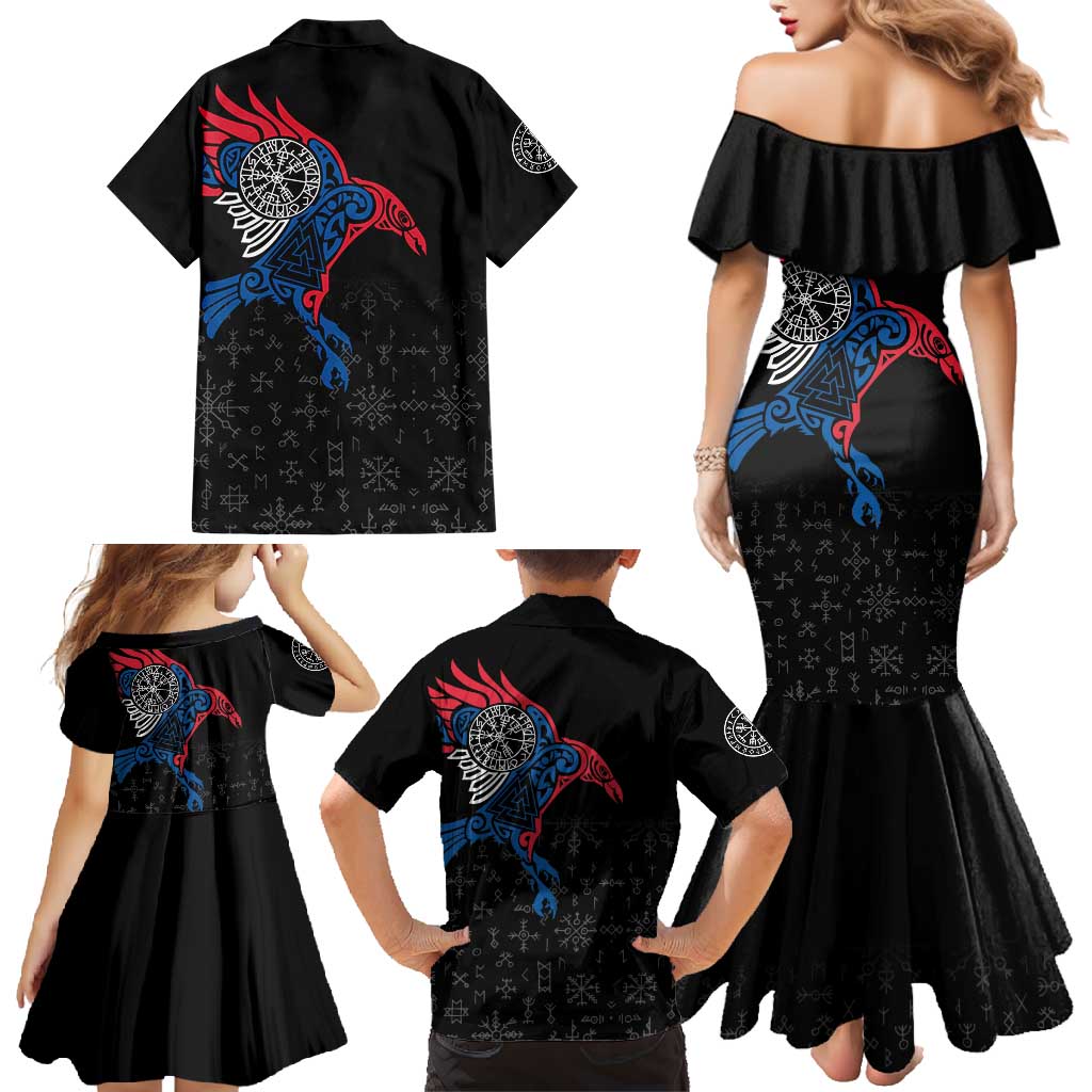 Iceland Viking Culture Family Matching Mermaid Dress and Hawaiian Shirt Norse Mythology Raven Tattoo