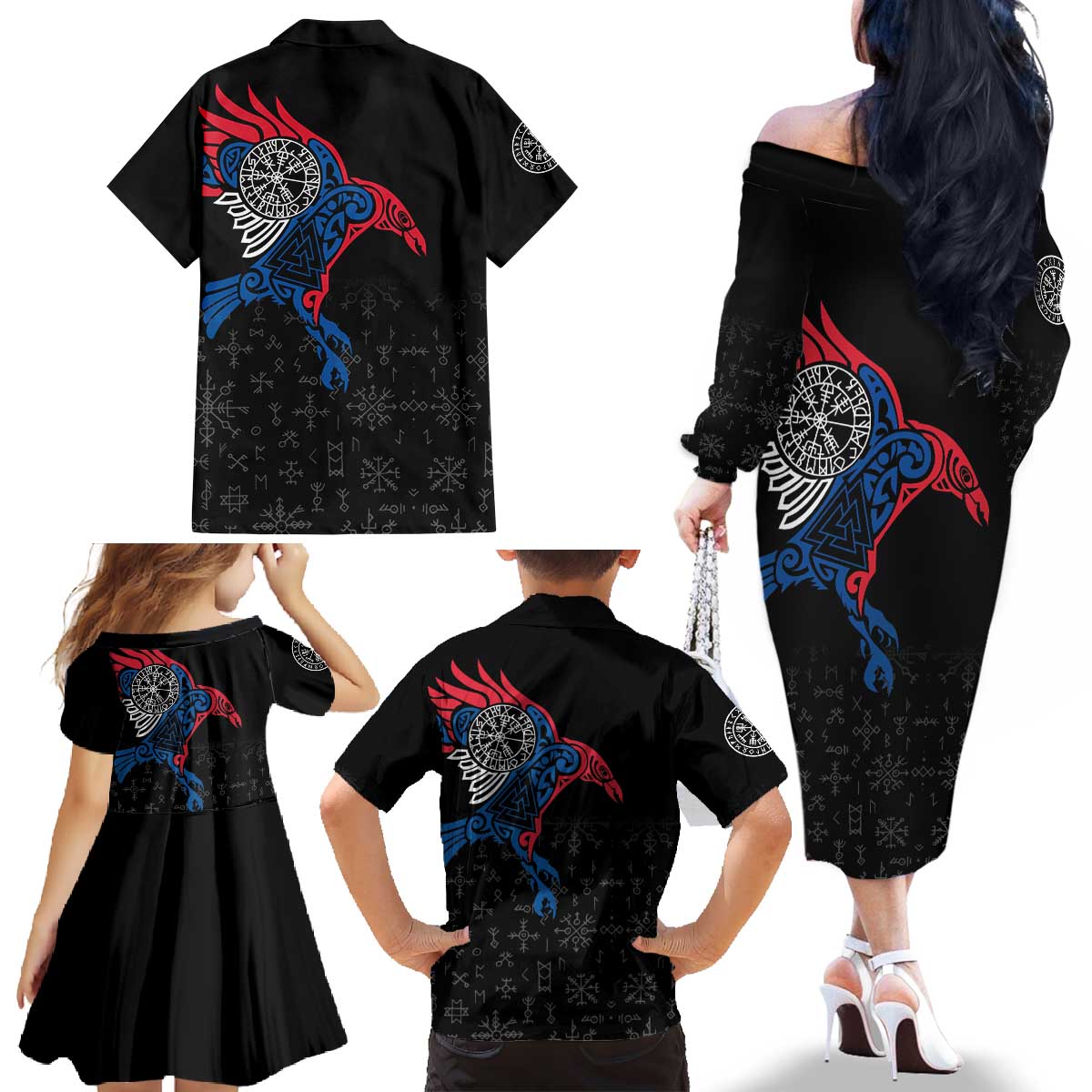 Iceland Viking Culture Family Matching Off The Shoulder Long Sleeve Dress and Hawaiian Shirt Norse Mythology Raven Tattoo