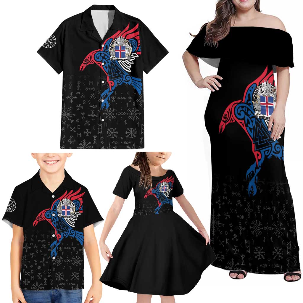 Iceland Viking Culture Family Matching Off Shoulder Maxi Dress and Hawaiian Shirt Norse Mythology Raven Tattoo