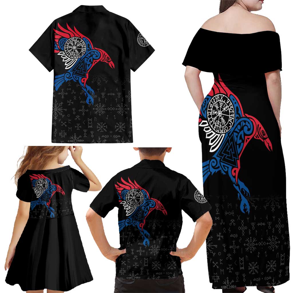 Iceland Viking Culture Family Matching Off Shoulder Maxi Dress and Hawaiian Shirt Norse Mythology Raven Tattoo
