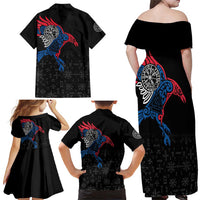 Iceland Viking Culture Family Matching Off Shoulder Maxi Dress and Hawaiian Shirt Norse Mythology Raven Tattoo