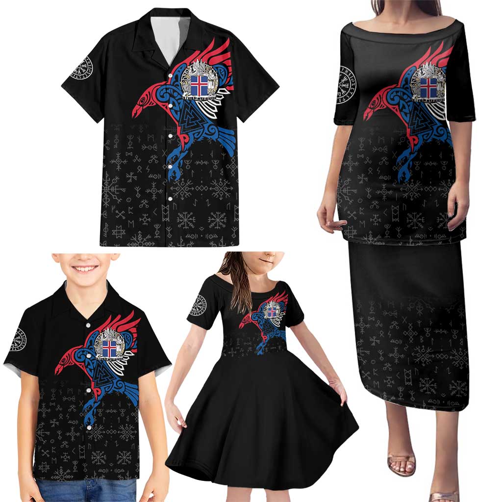 Iceland Viking Culture Family Matching Puletasi and Hawaiian Shirt Norse Mythology Raven Tattoo