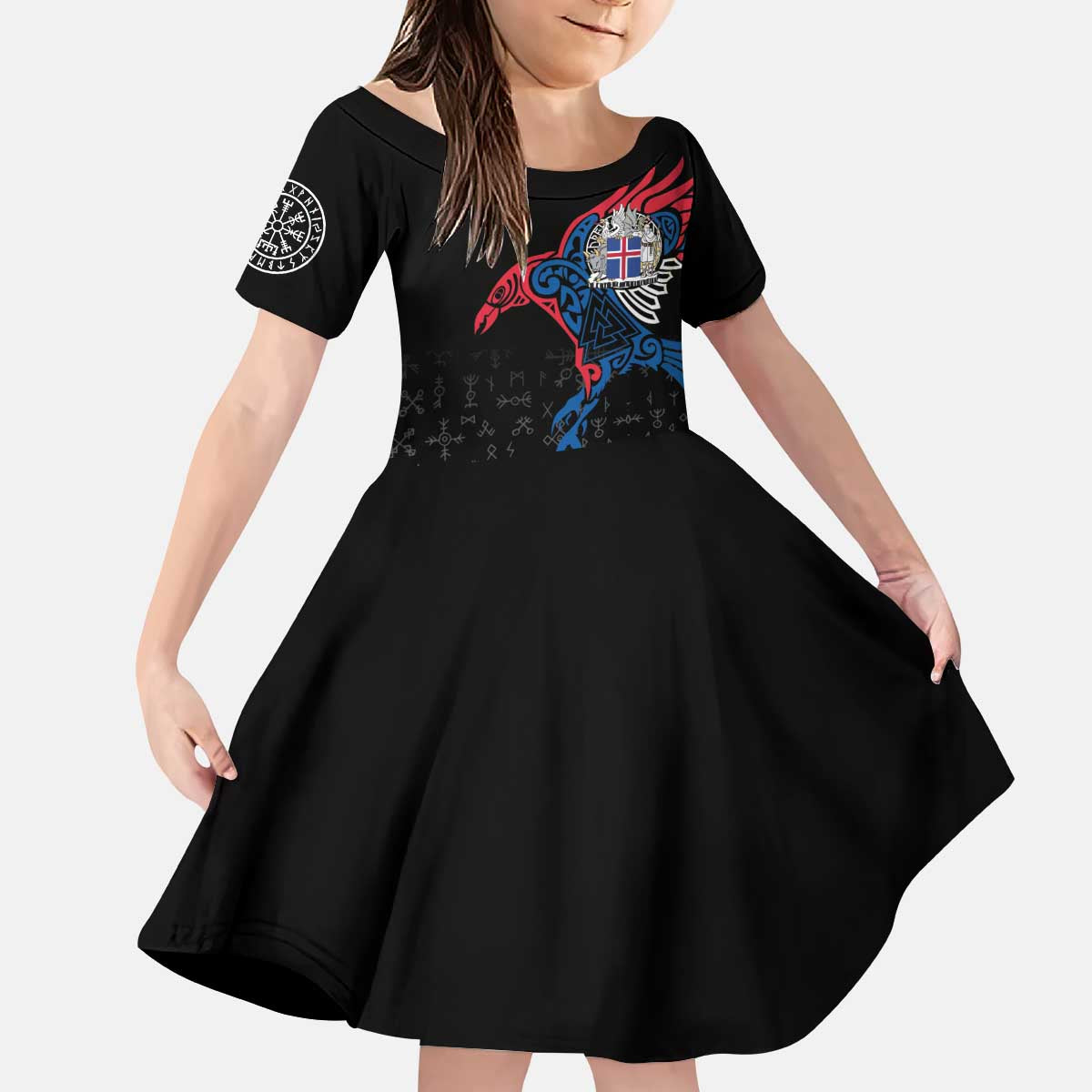 Iceland Viking Culture Kid Short Sleeve Dress Norse Mythology Raven Tattoo