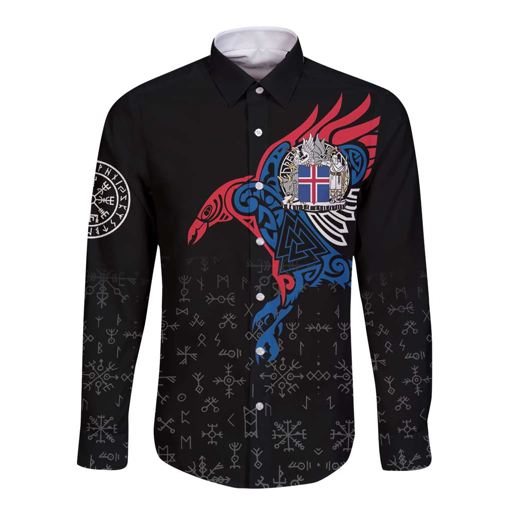 Iceland Viking Culture Long Sleeve Button Shirt Norse Mythology Raven Tattoo