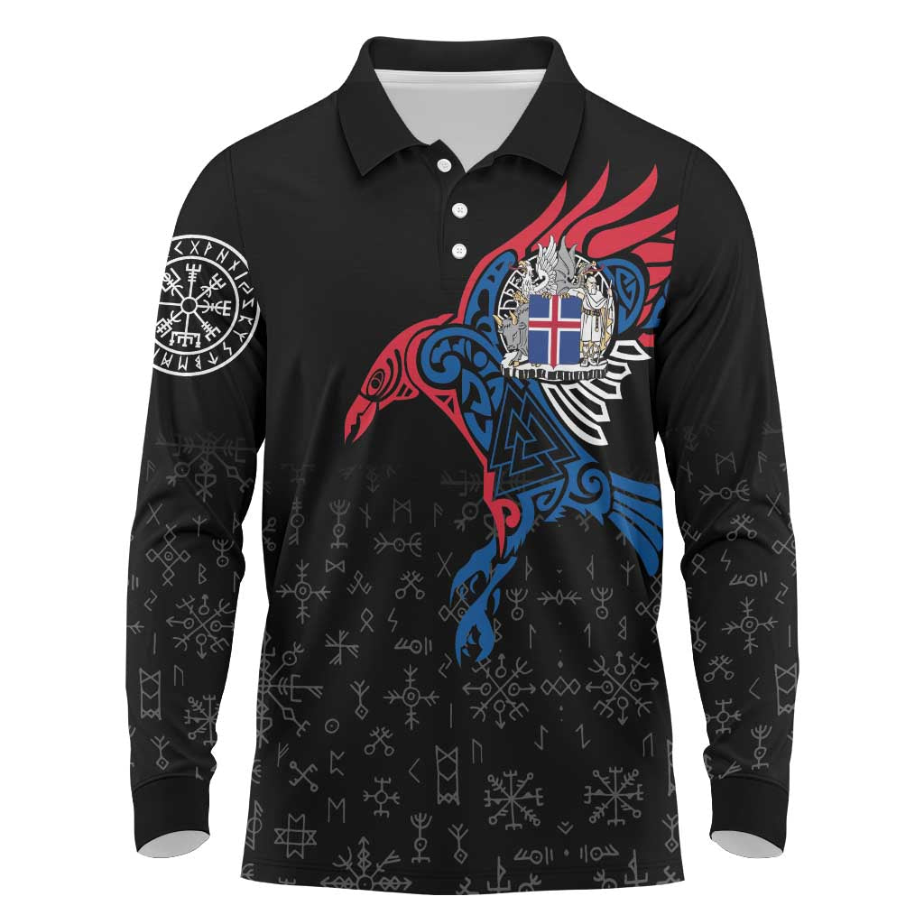 Iceland Viking Culture Long Sleeve Polo Shirt Norse Mythology Raven Tattoo