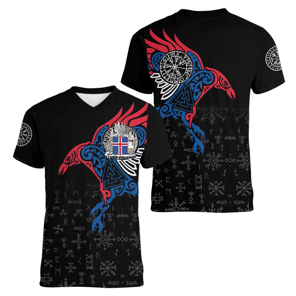 Iceland Viking Culture Women V-Neck T-Shirt Norse Mythology Raven Tattoo