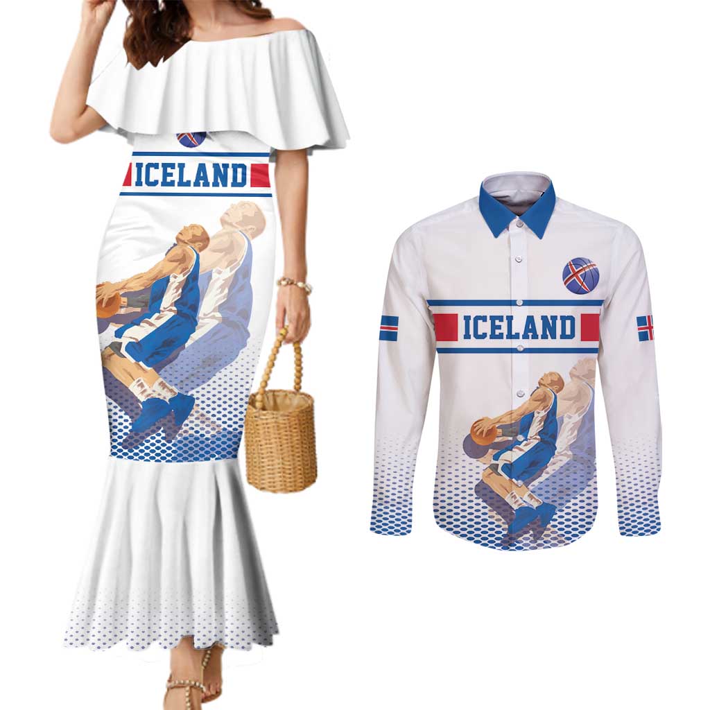 Iceland Basketball Custom Couples Matching Mermaid Dress and Long Sleeve Button Shirt White Style