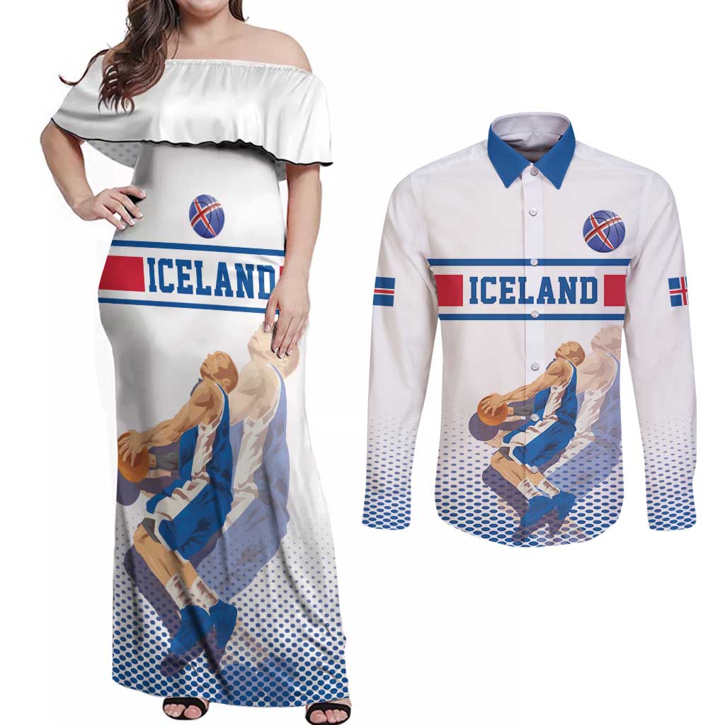 Iceland Basketball Custom Couples Matching Off Shoulder Maxi Dress and Long Sleeve Button Shirt White Style