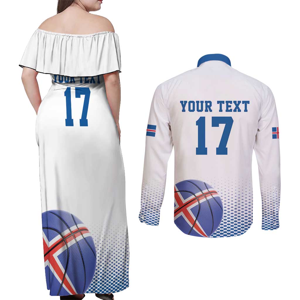 Iceland Basketball Custom Couples Matching Off Shoulder Maxi Dress and Long Sleeve Button Shirt White Style