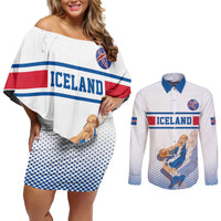 Iceland Basketball Custom Couples Matching Off Shoulder Short Dress and Long Sleeve Button Shirt White Style