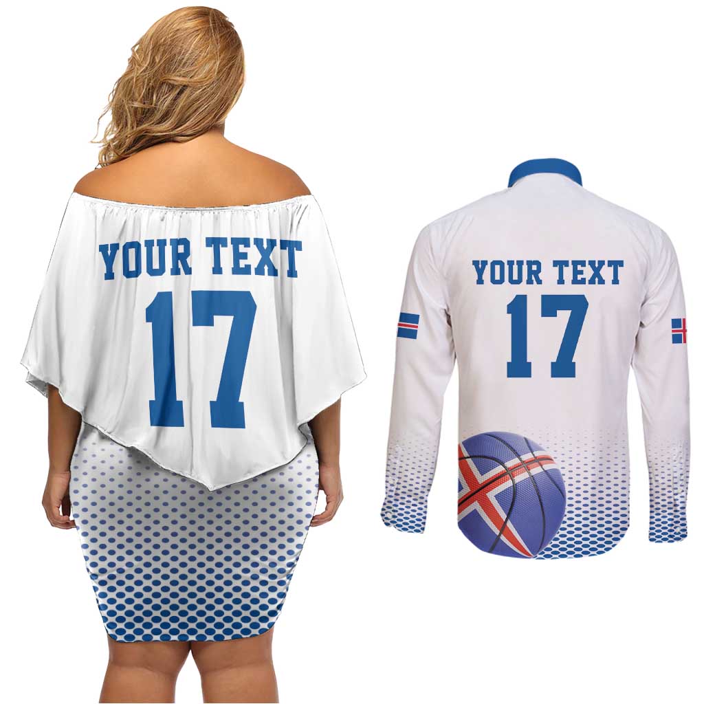 Iceland Basketball Custom Couples Matching Off Shoulder Short Dress and Long Sleeve Button Shirt White Style