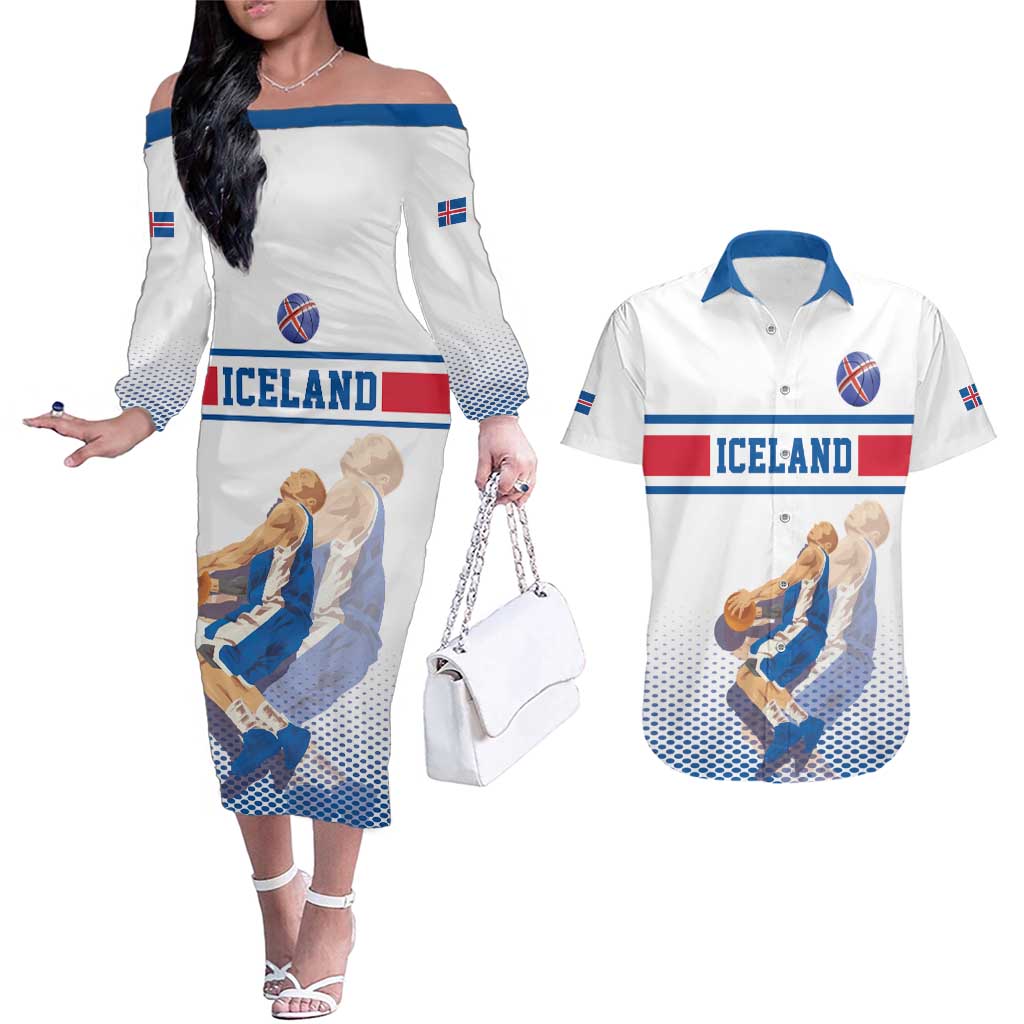 Iceland Basketball Custom Couples Matching Off The Shoulder Long Sleeve Dress and Hawaiian Shirt White Style