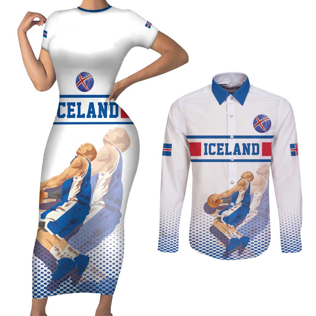 Iceland Basketball Custom Couples Matching Short Sleeve Bodycon Dress and Long Sleeve Button Shirt White Style
