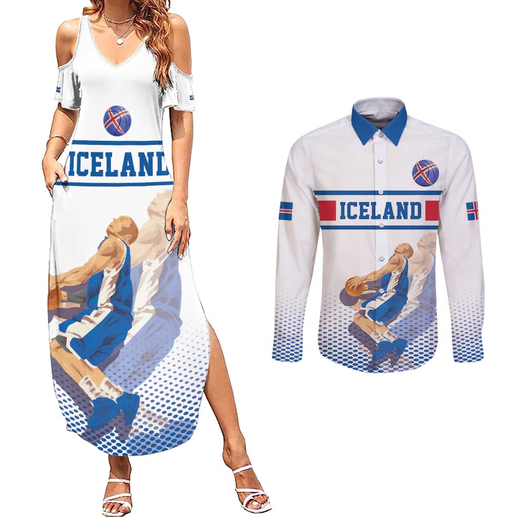 Iceland Basketball Custom Couples Matching Summer Maxi Dress and Long Sleeve Button Shirt White Style