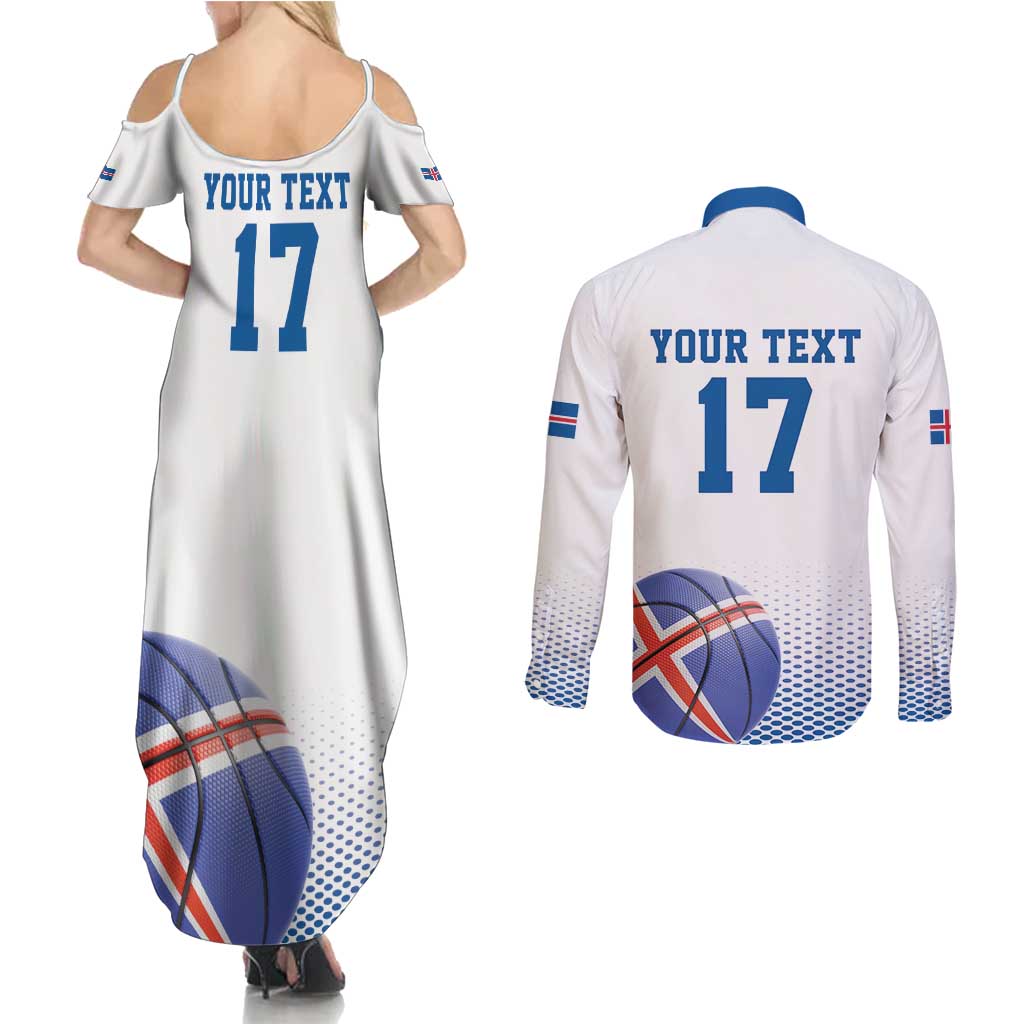 Iceland Basketball Custom Couples Matching Summer Maxi Dress and Long Sleeve Button Shirt White Style