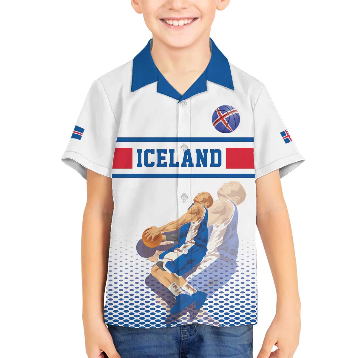 Iceland Basketball Custom Family Matching Off The Shoulder Long Sleeve Dress and Hawaiian Shirt White Style