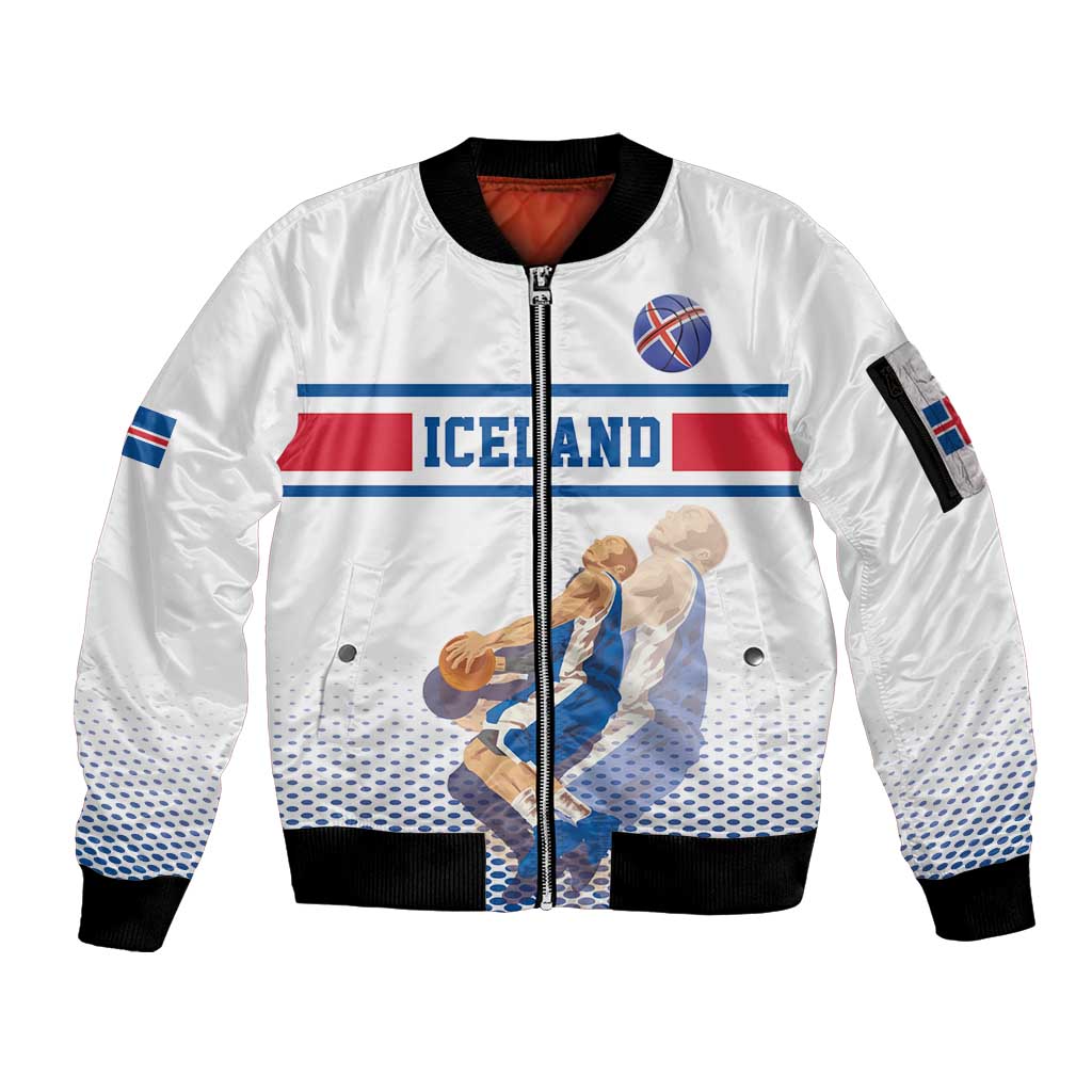 Iceland Basketball Custom Sleeve Zip Bomber Jacket White Style