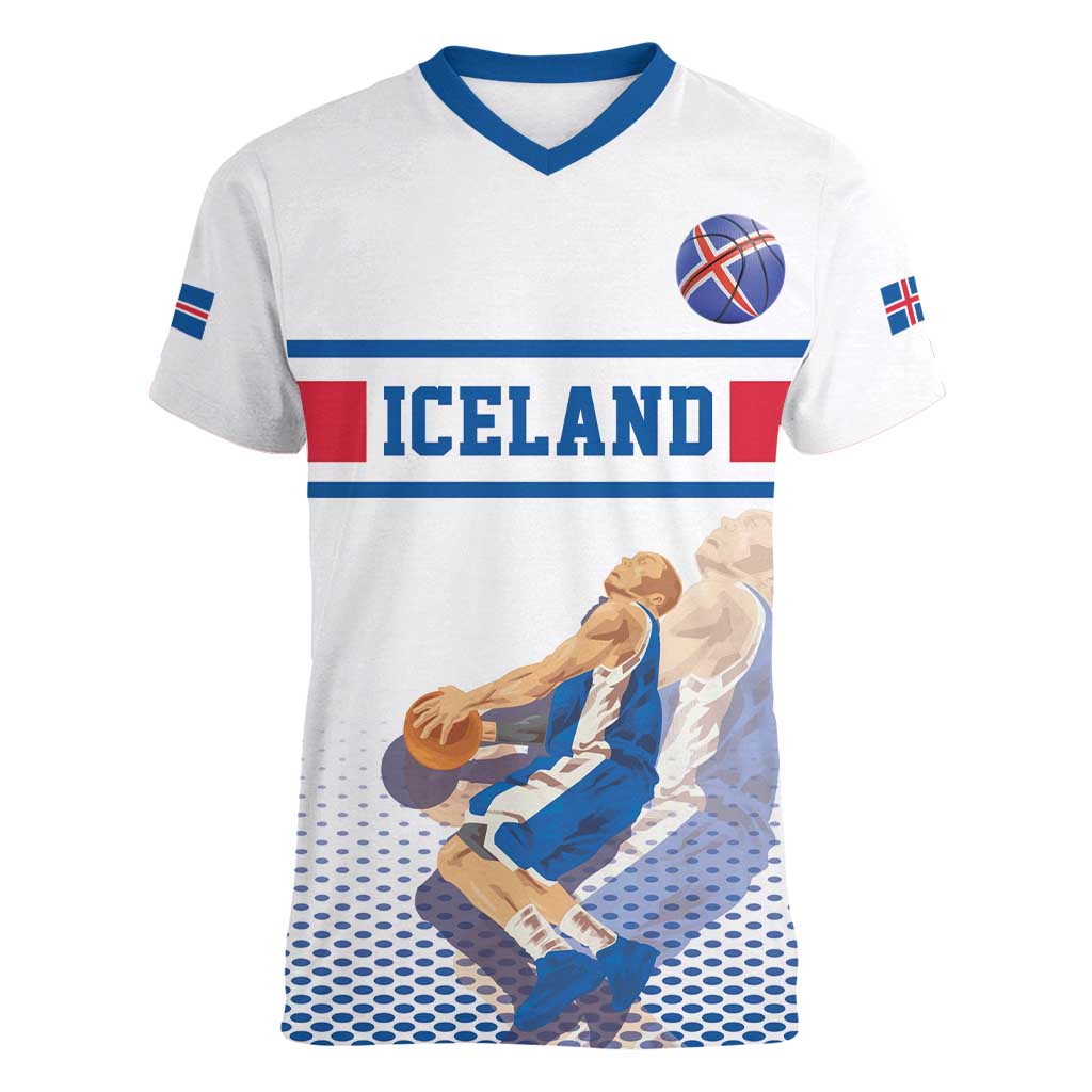 Iceland Basketball Custom Women V-Neck T-Shirt White Style