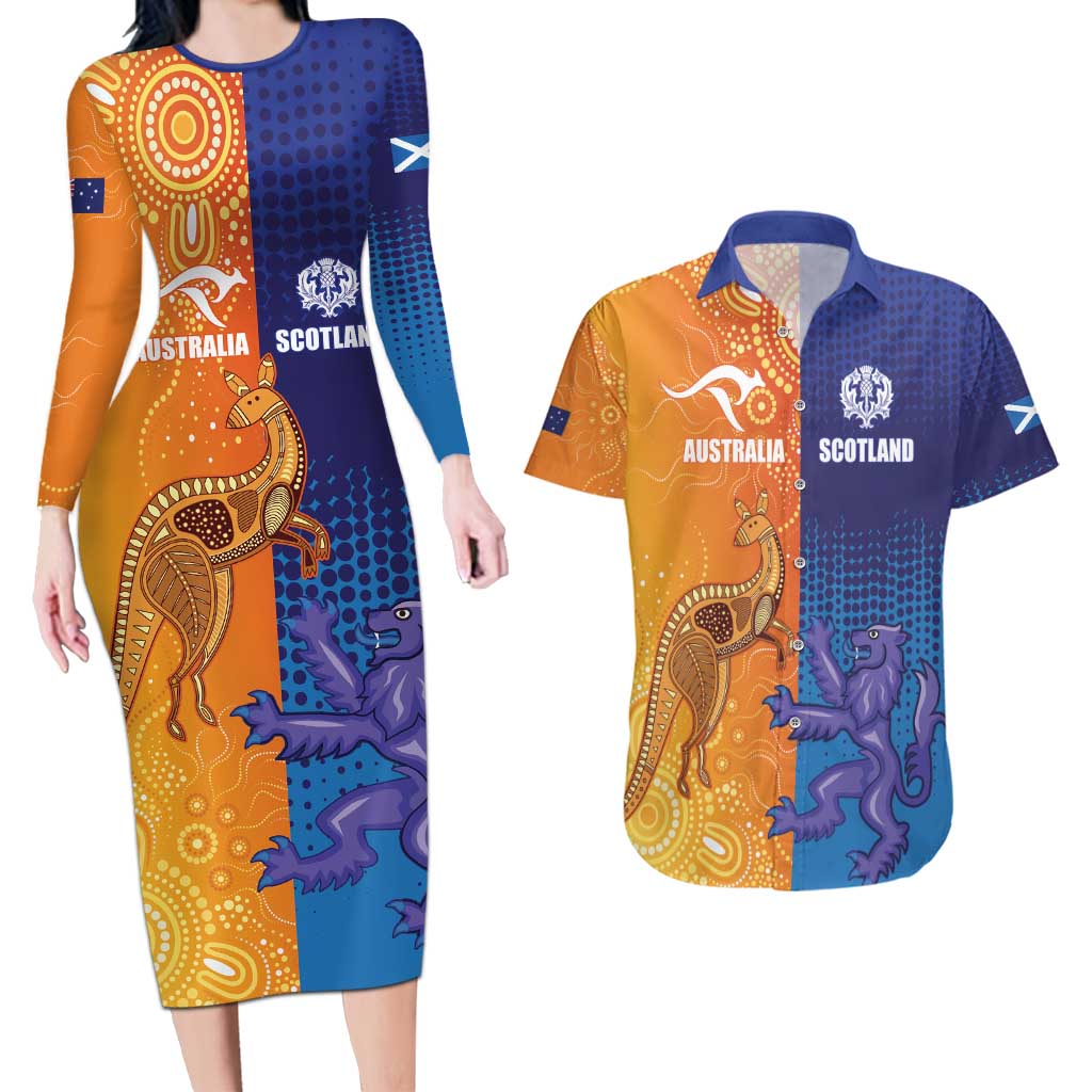 Custom Scotland and Australia Rugby Couples Matching Long Sleeve Bodycon Dress and Hawaiian Shirt Wallabies Thistle Together