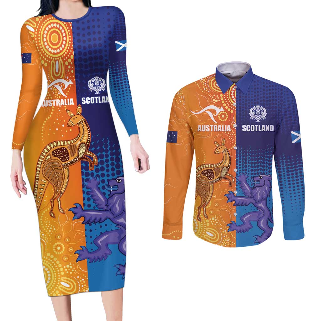 Custom Scotland and Australia Rugby Couples Matching Long Sleeve Bodycon Dress and Long Sleeve Button Shirt Wallabies Thistle Together
