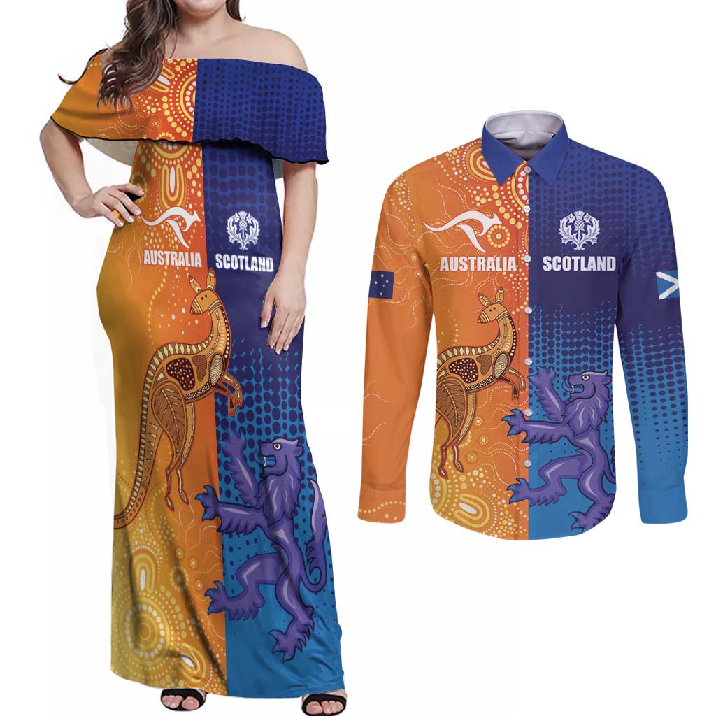 Custom Scotland and Australia Rugby Couples Matching Off Shoulder Maxi Dress and Long Sleeve Button Shirt Wallabies Thistle Together