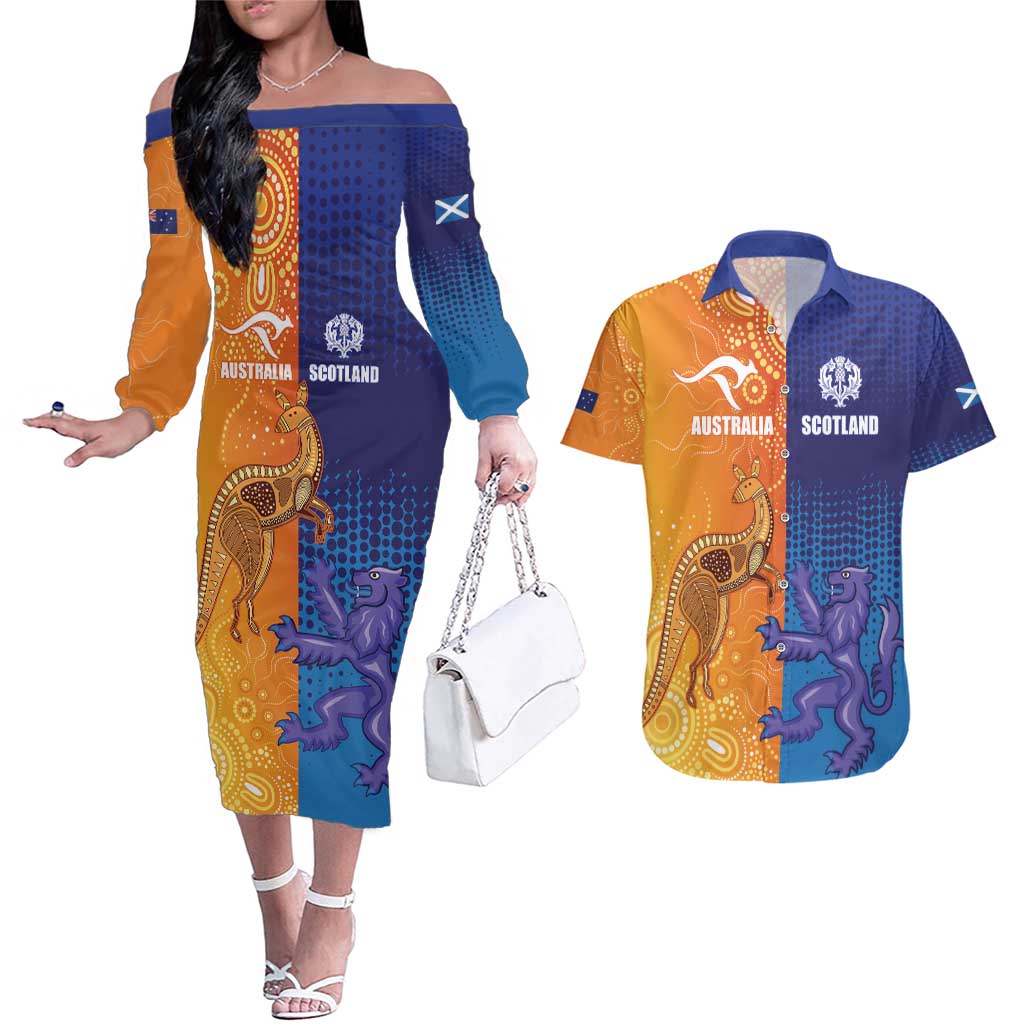 Custom Scotland and Australia Rugby Couples Matching Off The Shoulder Long Sleeve Dress and Hawaiian Shirt Wallabies Thistle Together