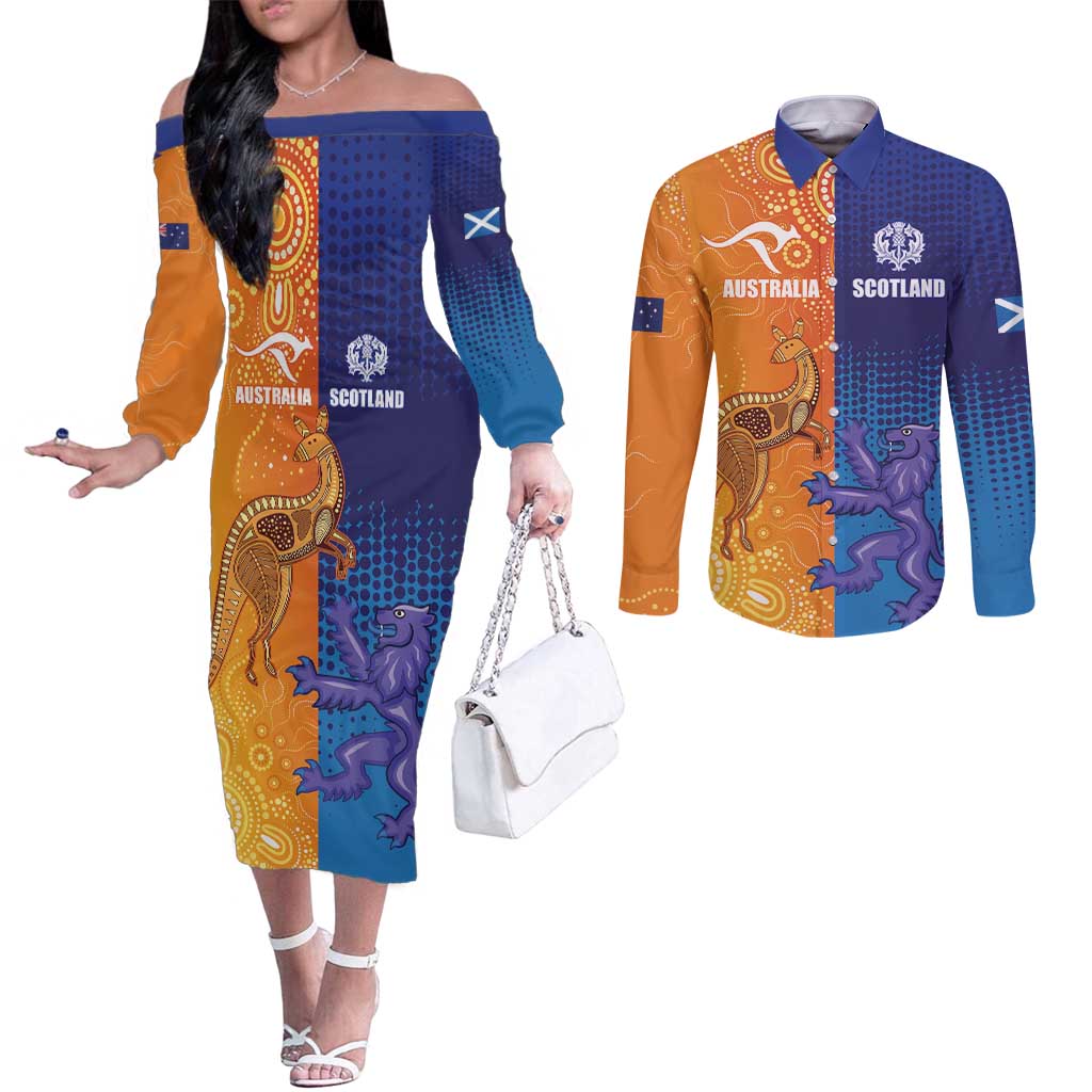 Custom Scotland and Australia Rugby Couples Matching Off The Shoulder Long Sleeve Dress and Long Sleeve Button Shirt Wallabies Thistle Together