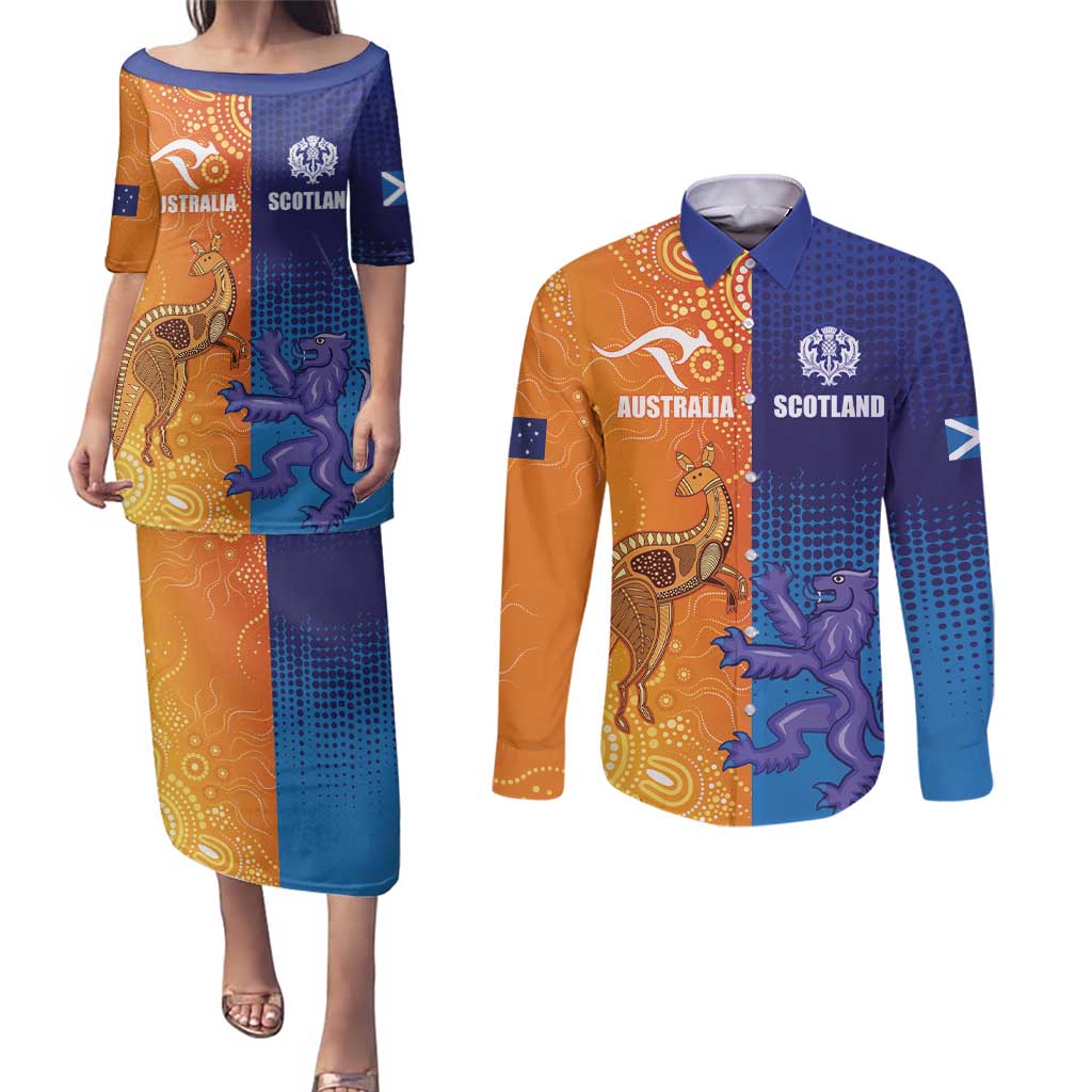 Custom Scotland and Australia Rugby Couples Matching Puletasi and Long Sleeve Button Shirt Wallabies Thistle Together