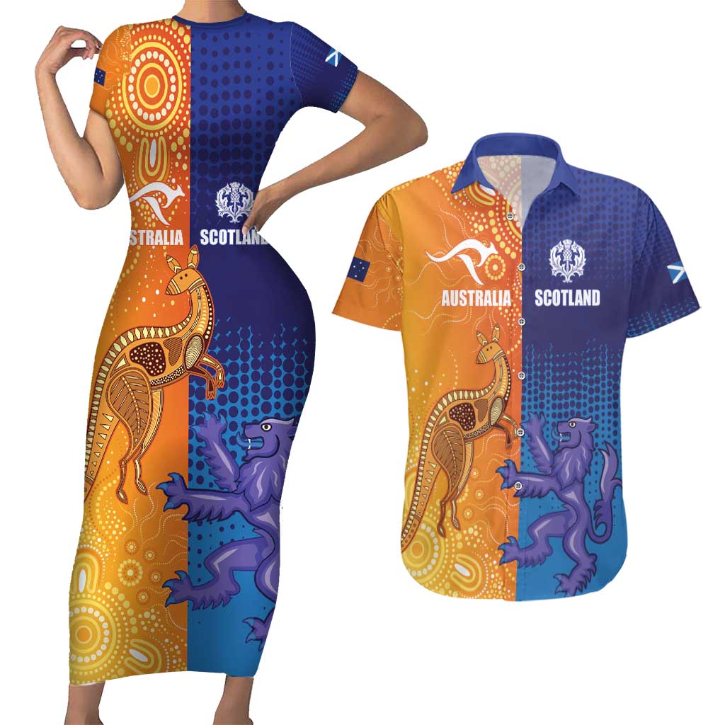 Custom Scotland and Australia Rugby Couples Matching Short Sleeve Bodycon Dress and Hawaiian Shirt Wallabies Thistle Together