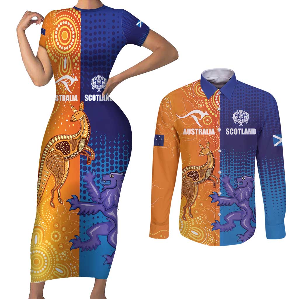 Custom Scotland and Australia Rugby Couples Matching Short Sleeve Bodycon Dress and Long Sleeve Button Shirt Wallabies Thistle Together