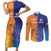 Custom Scotland and Australia Rugby Couples Matching Short Sleeve Bodycon Dress and Long Sleeve Button Shirt Wallabies Thistle Together