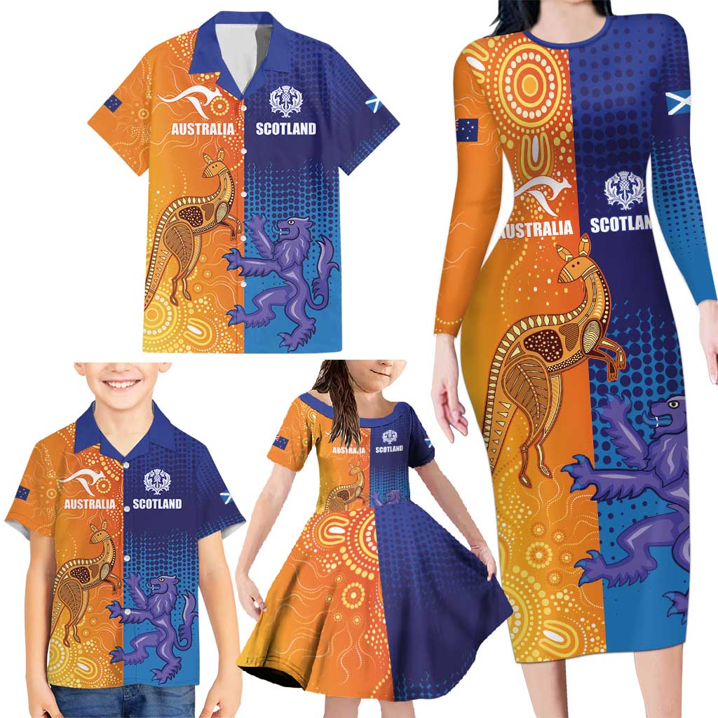 Custom Scotland and Australia Rugby Family Matching Long Sleeve Bodycon Dress and Hawaiian Shirt Wallabies Thistle Together