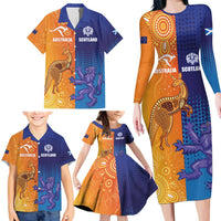 Custom Scotland and Australia Rugby Family Matching Long Sleeve Bodycon Dress and Hawaiian Shirt Wallabies Thistle Together