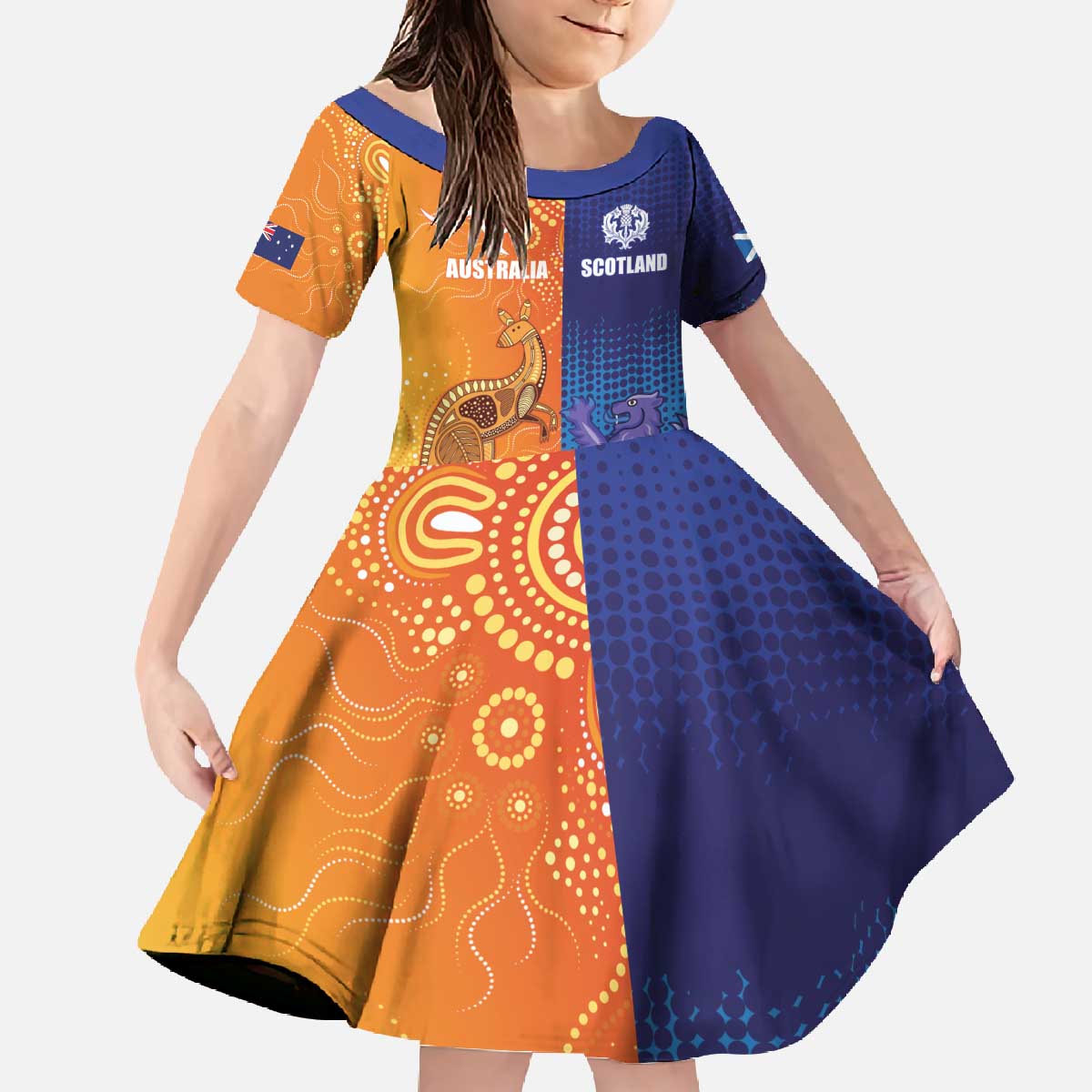 Custom Scotland and Australia Rugby Family Matching Off The Shoulder Long Sleeve Dress and Hawaiian Shirt Wallabies Thistle Together