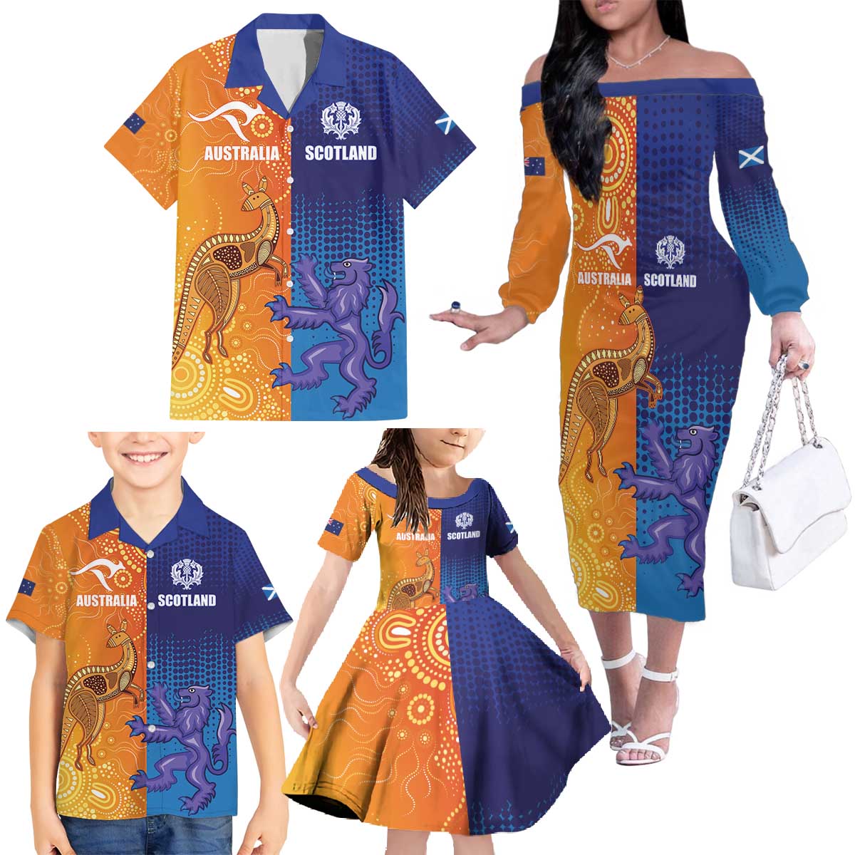 Custom Scotland and Australia Rugby Family Matching Off The Shoulder Long Sleeve Dress and Hawaiian Shirt Wallabies Thistle Together