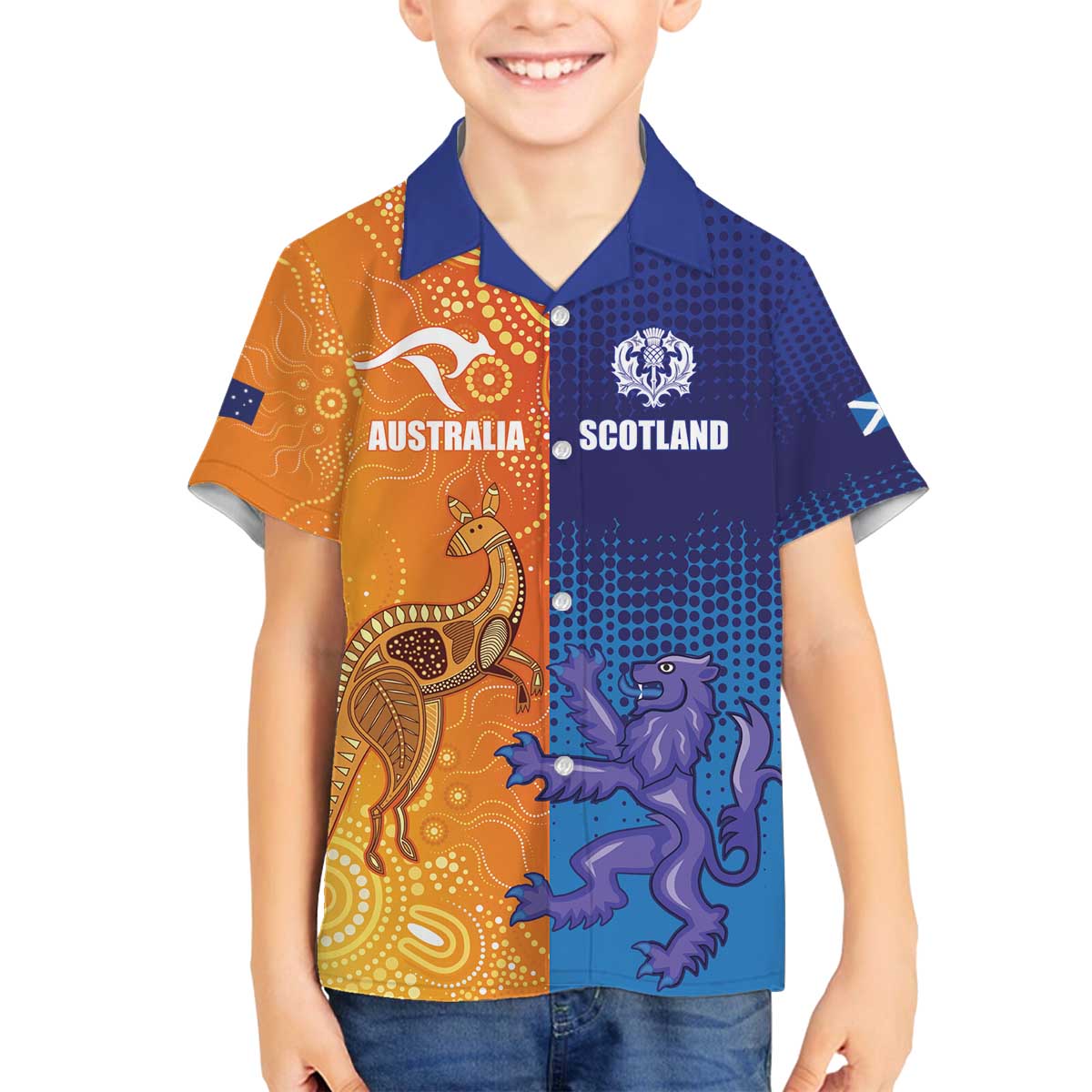 Custom Scotland and Australia Rugby Family Matching Off The Shoulder Long Sleeve Dress and Hawaiian Shirt Wallabies Thistle Together