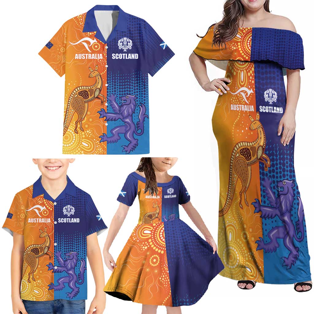 Custom Scotland and Australia Rugby Family Matching Off Shoulder Maxi Dress and Hawaiian Shirt Wallabies Thistle Together