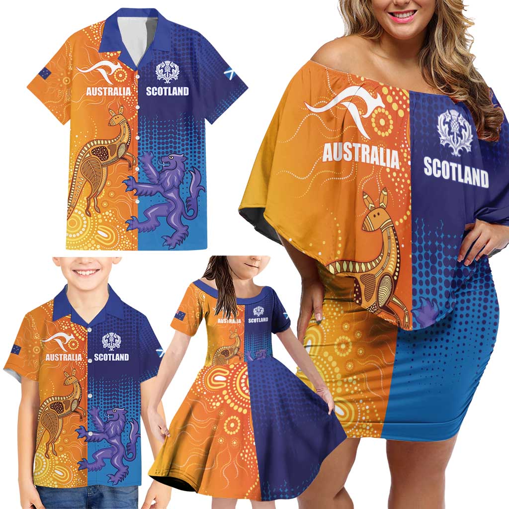 Custom Scotland and Australia Rugby Family Matching Off Shoulder Short Dress and Hawaiian Shirt Wallabies Thistle Together