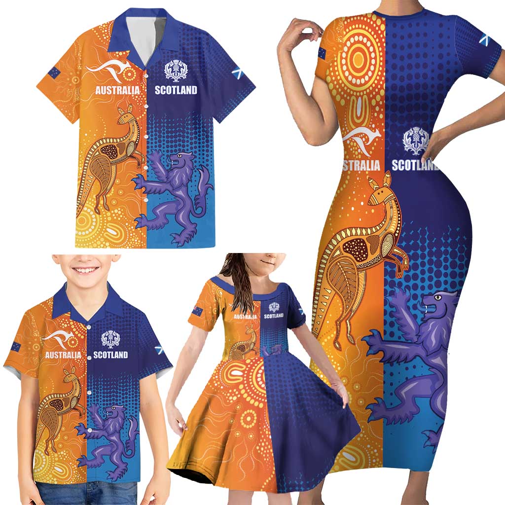 Custom Scotland and Australia Rugby Family Matching Short Sleeve Bodycon Dress and Hawaiian Shirt Wallabies Thistle Together