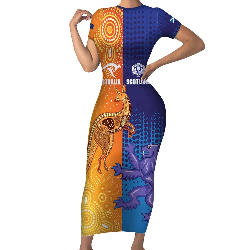 Custom Scotland and Australia Rugby Short Sleeve Bodycon Dress Wallabies Thistle Together