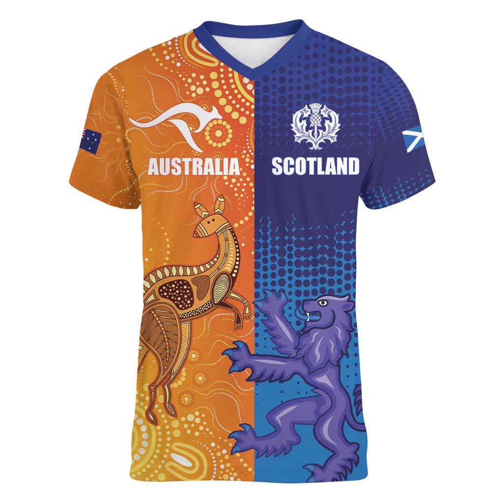 Custom Scotland and Australia Rugby Women V-Neck T-Shirt Wallabies Thistle Together